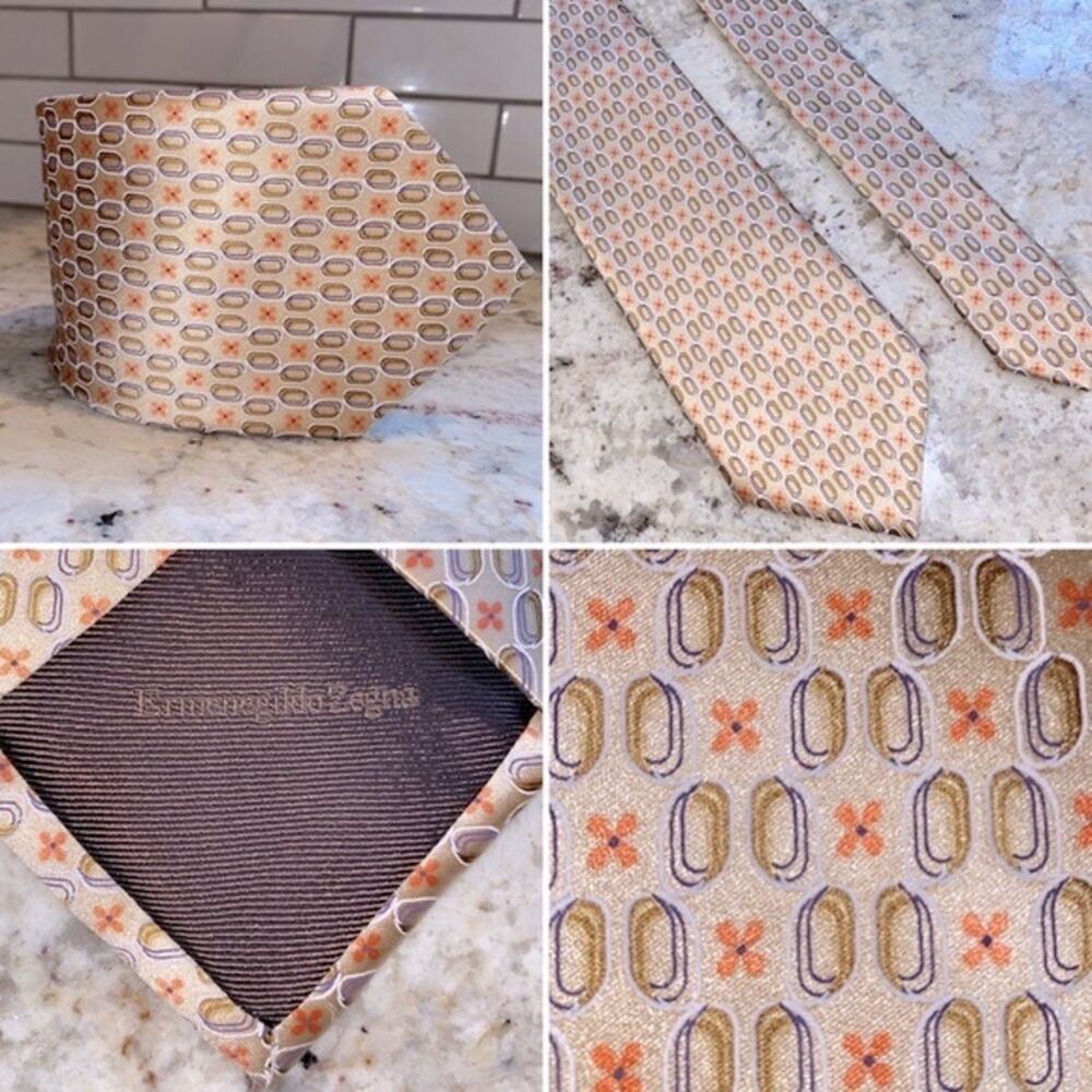$220 Ermenegildo Zegna 100% Silk Tie Italy Tan Orange Print EUC